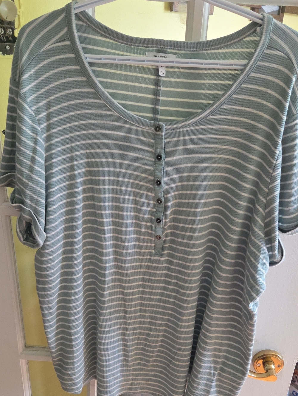 Maurices Sage Green and White Striped Henley Tee